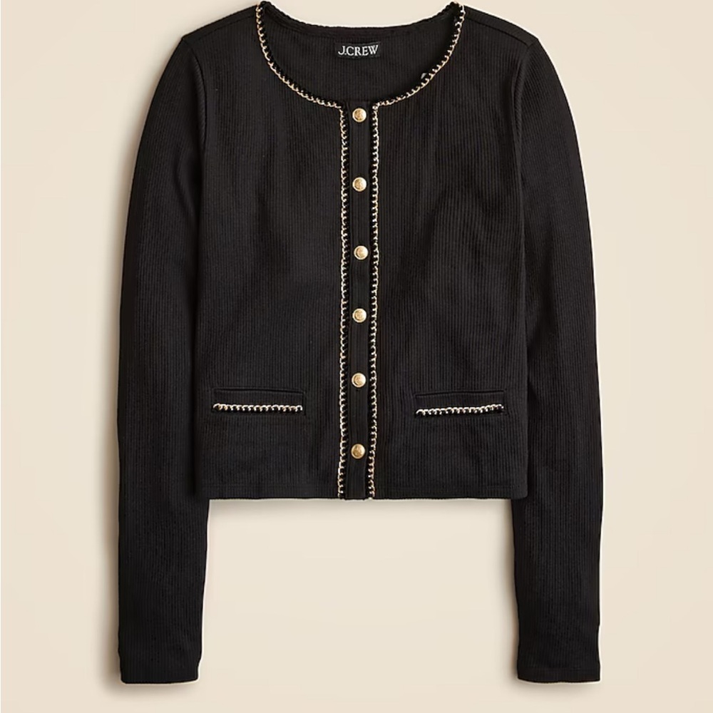 J crew lady cardigan with gold buttons and gold chain trim